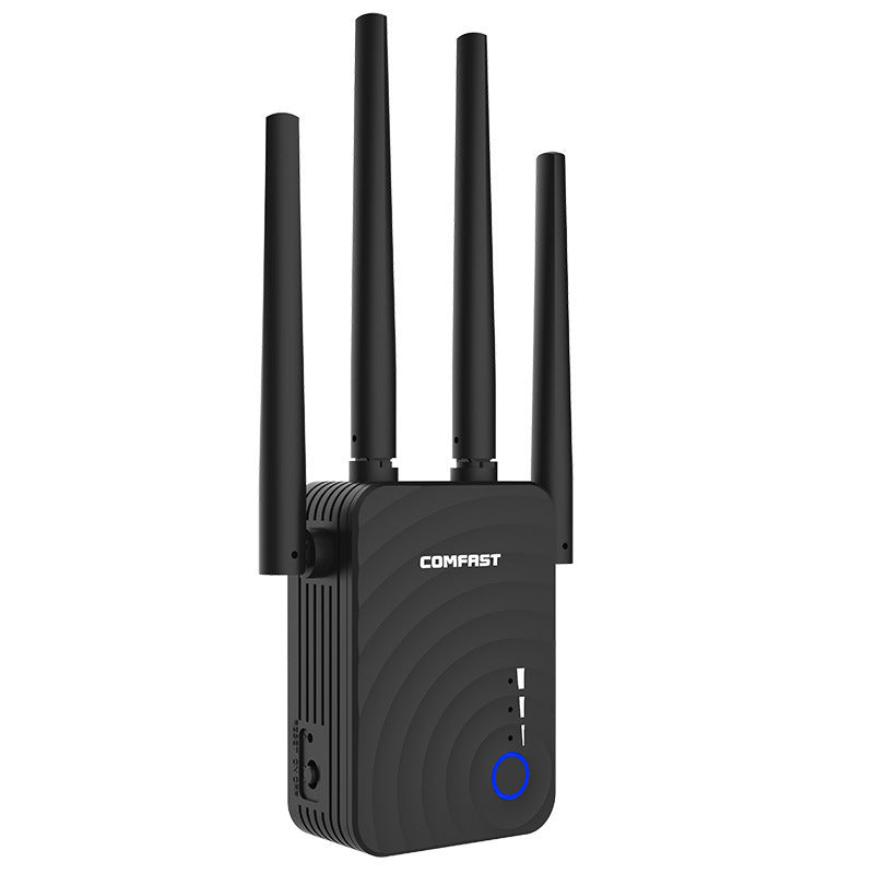Black COMFAST WiFi extender with four antennas on a white background