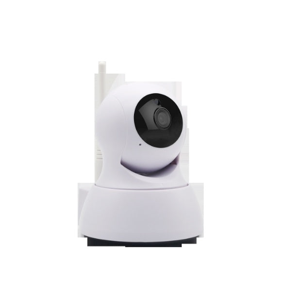 White security camera with a black lens on a white background