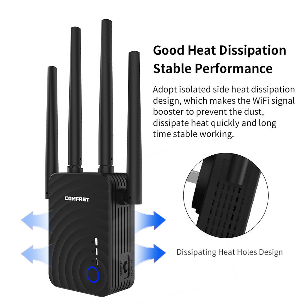WiFi signal booster with antennas and text about heat dissipation on a white background
