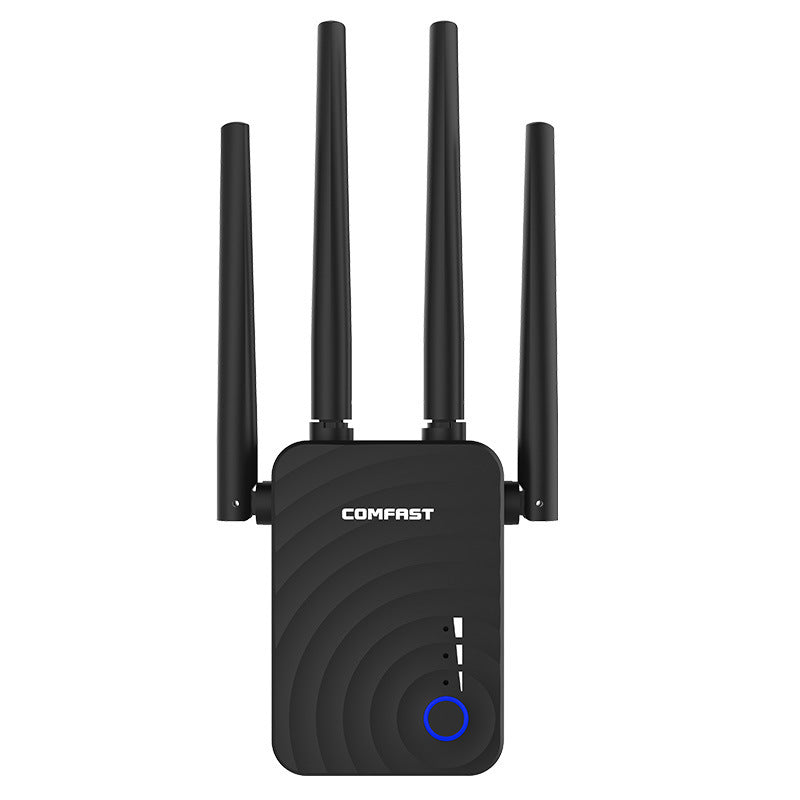 Black COMFAST router with multiple antennas on a white background