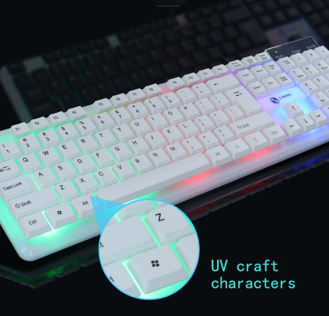 Glowing keyboard with UV-crafted characters on a dark background