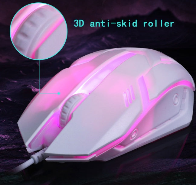 Gaming mouse with pink LED lighting and close-up of 3D anti-skid roller on a dark background