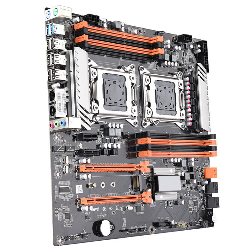 Computer motherboard with dual CPU sockets and RAM slots on a white background