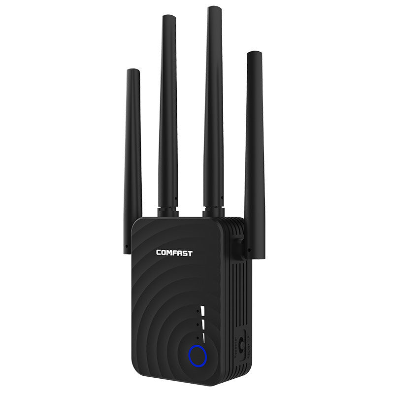 Black router with multiple antennas on a white background