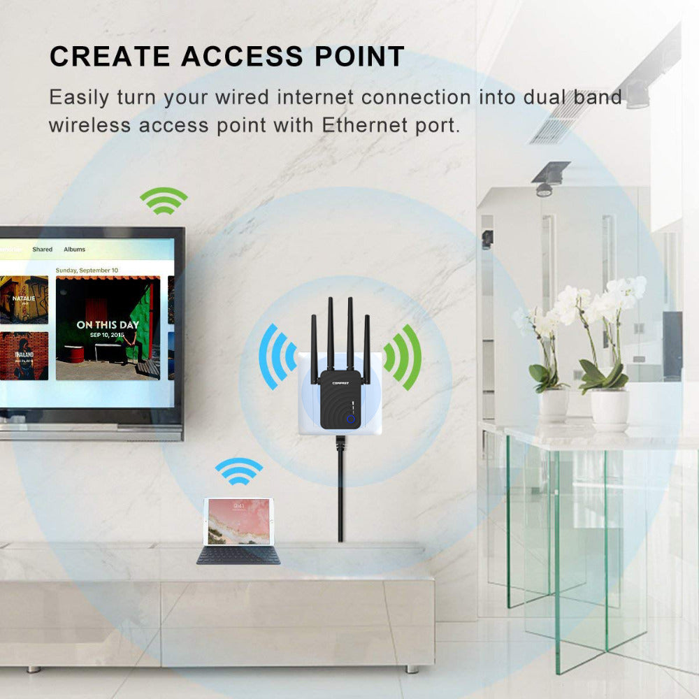 AC1200 dual band WiFi extender and router with 4 antennas and Ethernet ports for extended wireless coverage