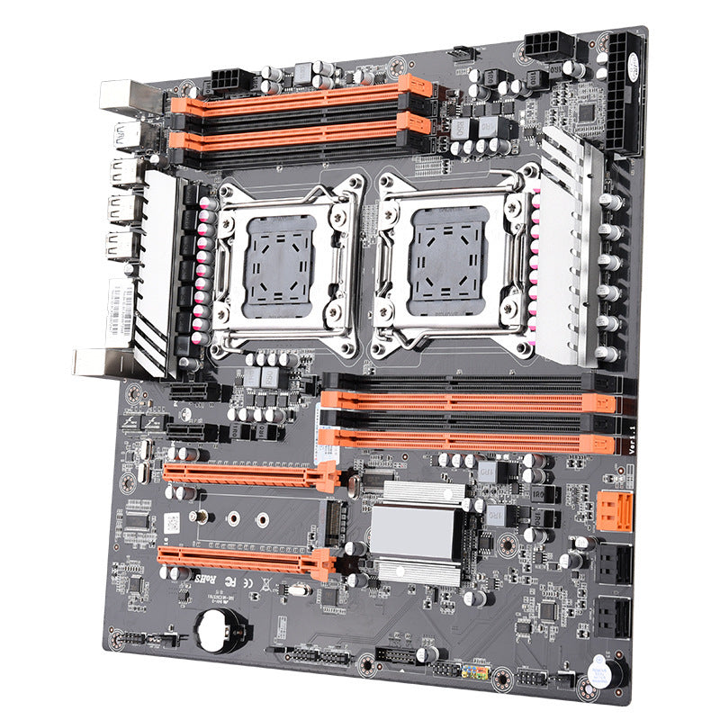 Computer motherboard with multiple slots and connectors on a white background