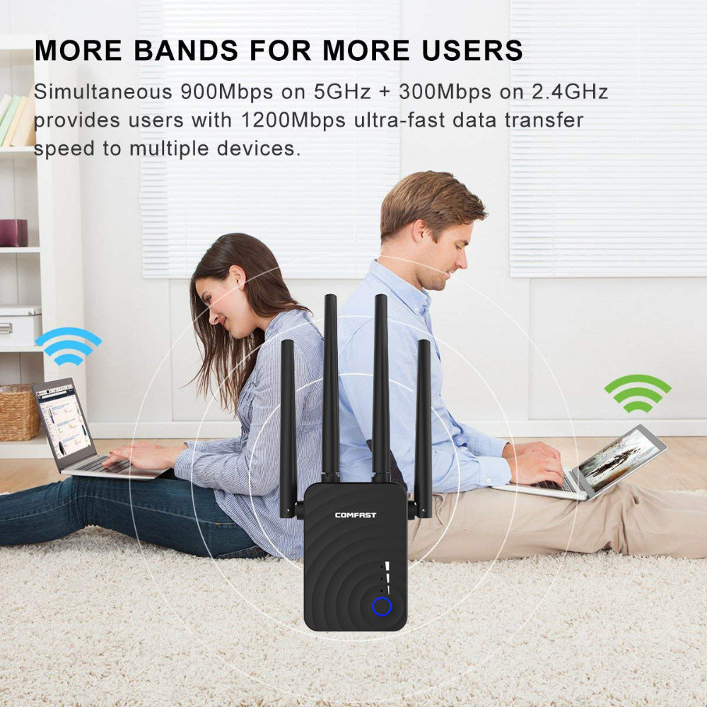 Two people using laptops with a router in a living room setting, emphasizing wireless connectivity.