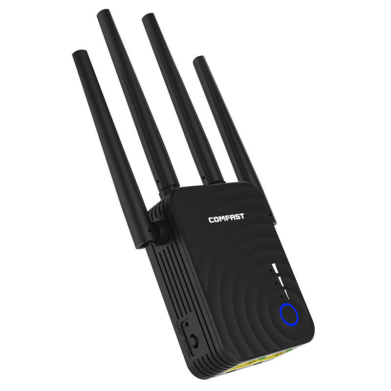 Black wireless router with antennas on a white background