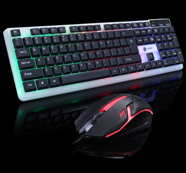 Gaming keyboard and mouse set with RGB lighting on a black background