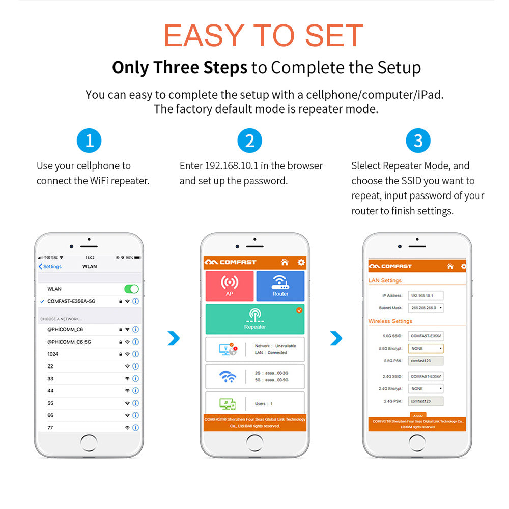 Step-by-step guide for setting up a WiFi repeater on a smartphone with visual instructions.