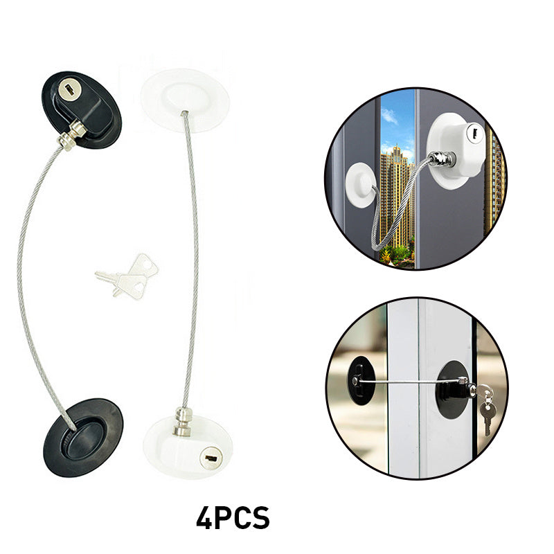 Child safety window and door lock with steel cable and adhesive base for baby-proofing cabinets, windows, and doors
