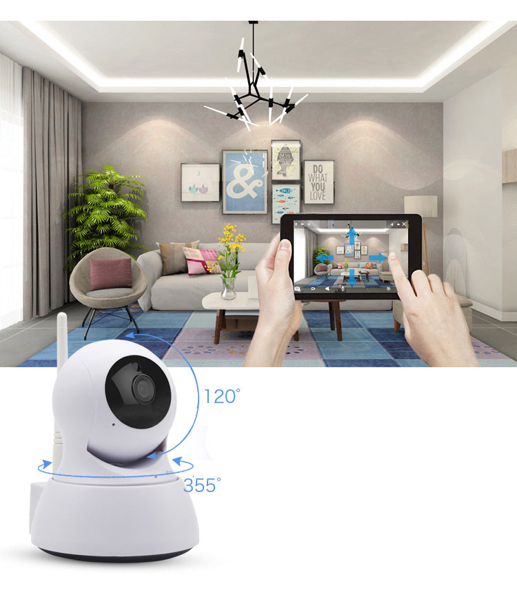 Smart home security camera with a tablet showing a live feed of a living room.