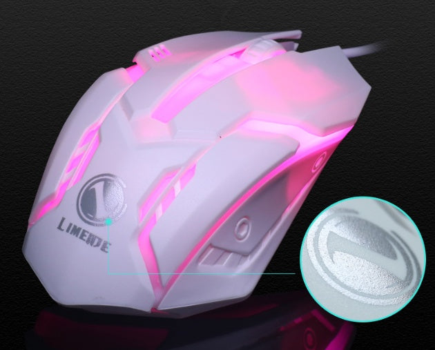 Gaming mouse with pink LED lighting on a dark background