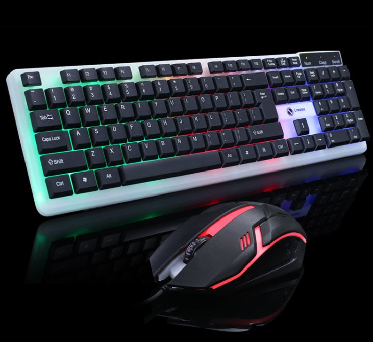 Gaming keyboard and mouse set with RGB lighting on a black background
