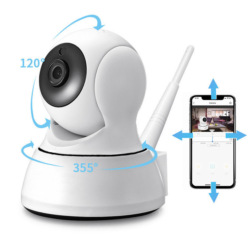 White security camera with smartphone app interface on a white background