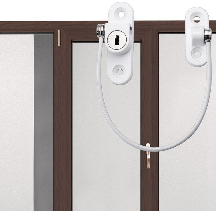 Child safety window and door lock with steel cable and adhesive base for baby-proofing cabinets, windows, and doors
