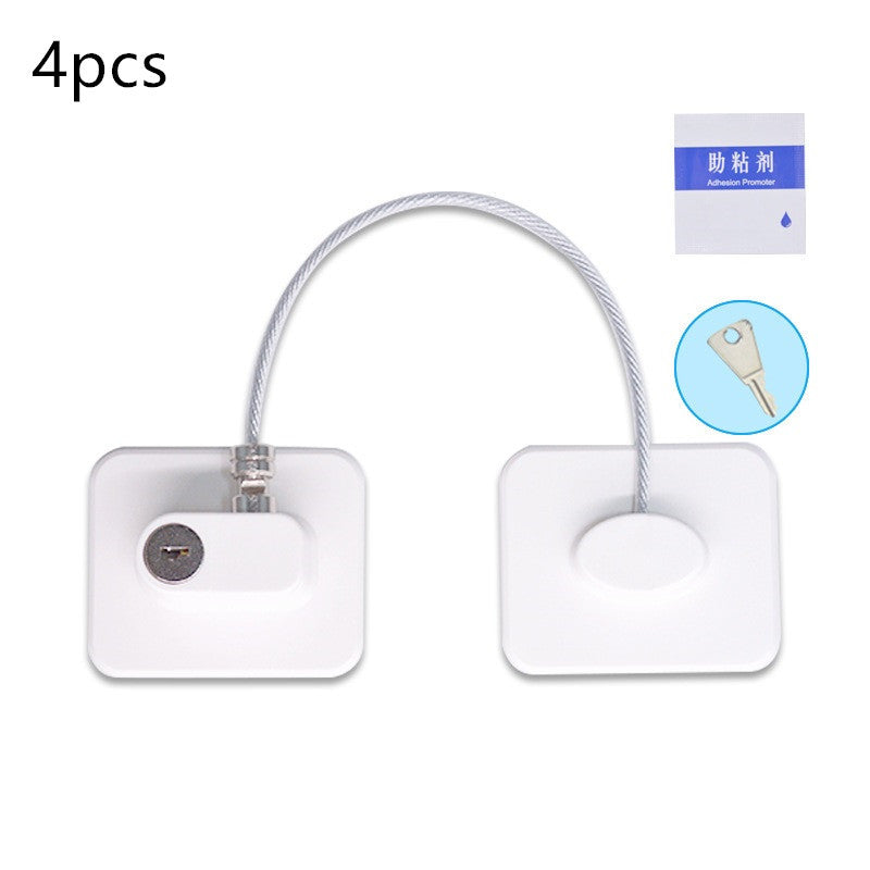 Child safety window and door lock with steel cable and adhesive base for baby-proofing cabinets, windows, and doors