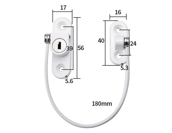 Child safety window and door lock with steel cable and adhesive base for baby-proofing cabinets, windows, and doors
