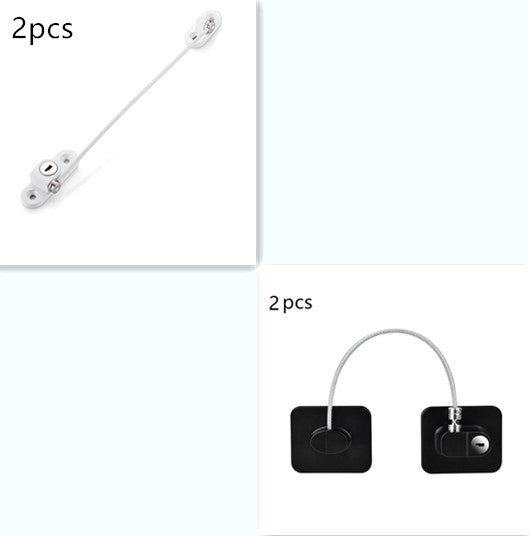 Child safety window and door lock with steel cable and adhesive base for baby-proofing cabinets, windows, and doors