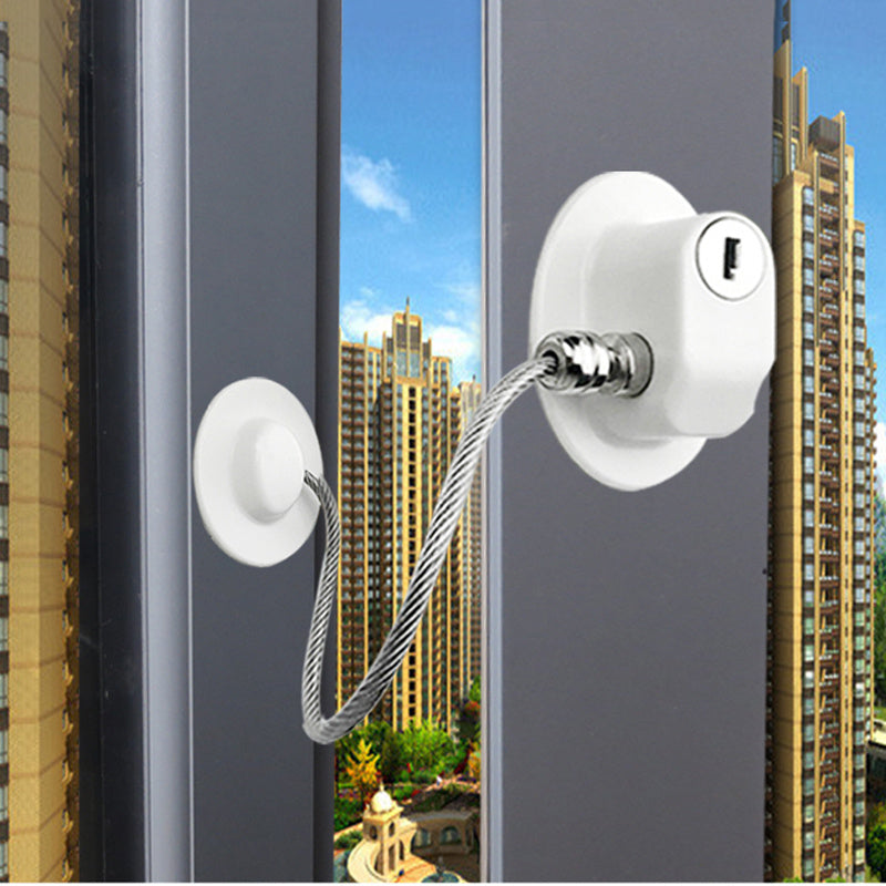 Child safety window and door lock with steel cable and adhesive base for baby-proofing cabinets, windows, and doors