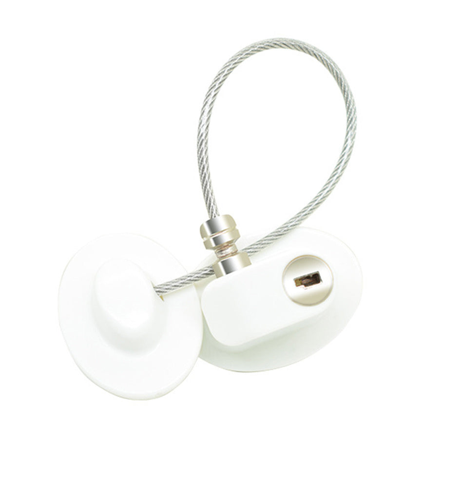 Child safety window and door lock with steel cable and adhesive base for baby-proofing cabinets, windows, and doors