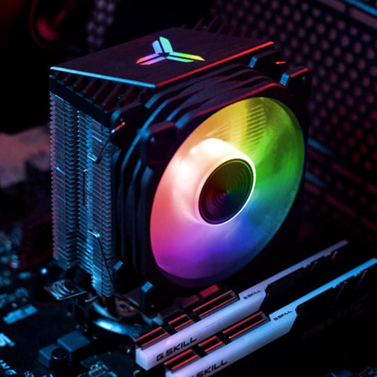 Computer CPU cooler with RGB lighting on a motherboard