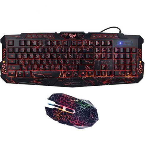 Gaming keyboard and mouse set with red and black design on a white background