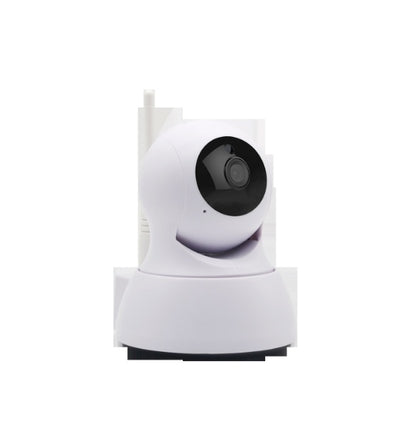 White security camera with a black lens on a white background