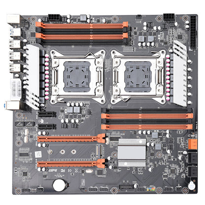 Computer motherboard with multiple RAM slots on a white background