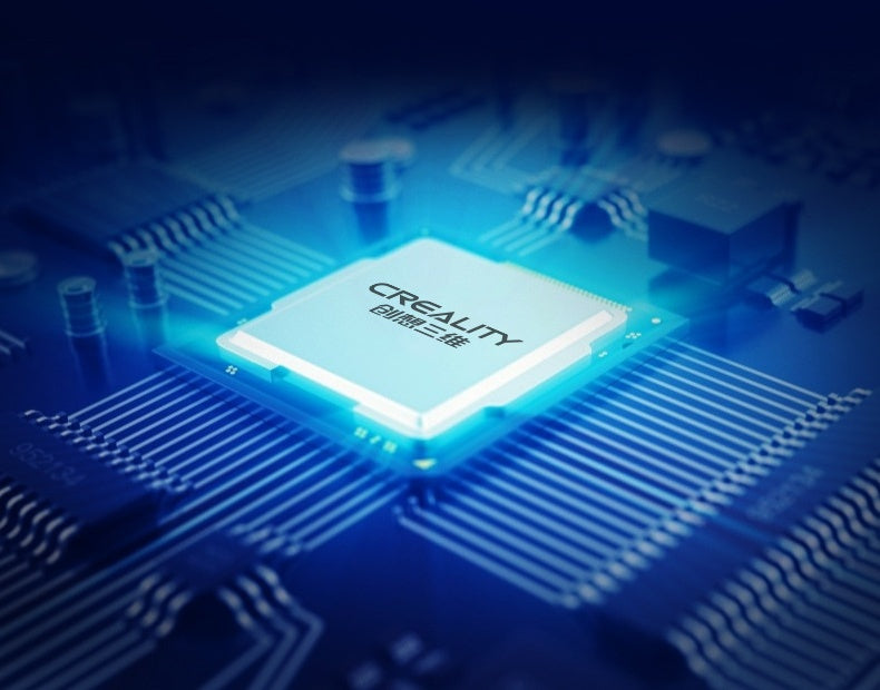 Creeality logo on a digital circuit board with blue tones