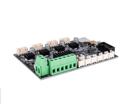 Electronic circuit board with various components on a white background