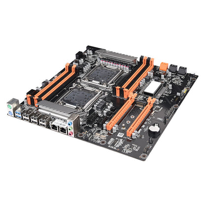 Computer motherboard with multiple slots and connectors on a white background