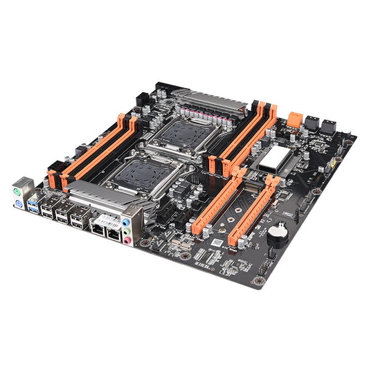 Computer motherboard with multiple slots and connectors on a white background
