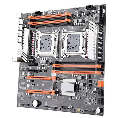 Computer motherboard with multiple slots and connectors on a white background