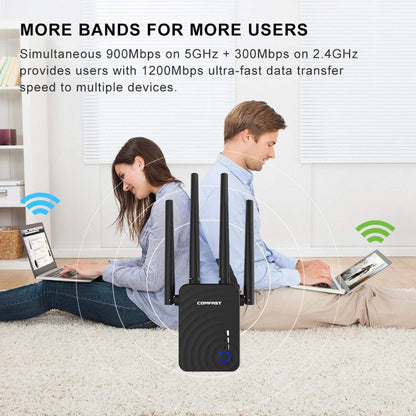 Two people using laptops with a router in a living room setting, emphasizing wireless connectivity.
