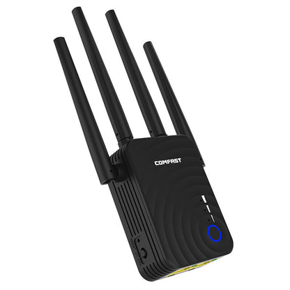 Black wireless router with antennas on a white background