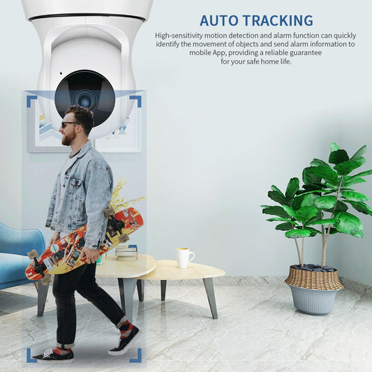 Person walking with a skateboard in a modern living room with a security camera and text about auto tracking.