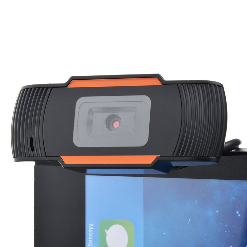 Webcam with black and orange design on a white background