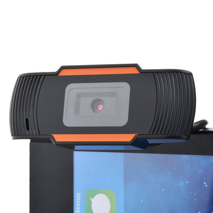 Webcam with black and orange design on a white background