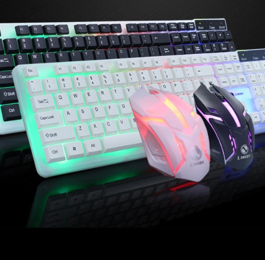 Gaming keyboard and mice with RGB lighting on a dark background