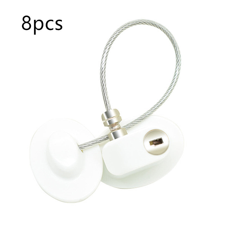 Child safety window and door lock with steel cable and adhesive base for baby-proofing cabinets, windows, and doors
