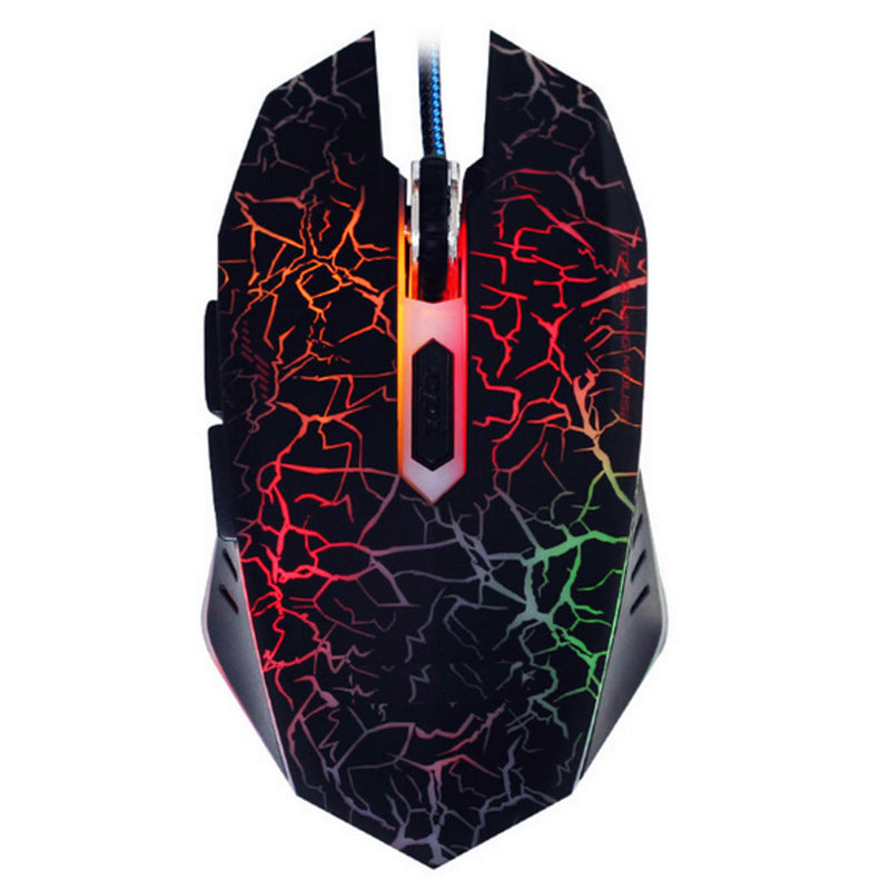 Gaming mouse with colorful cracked design on a white background