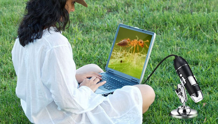 USB digital microscope with 1600X magnification, LED lighting, and stand for home lab, electronics repair, and STEM education