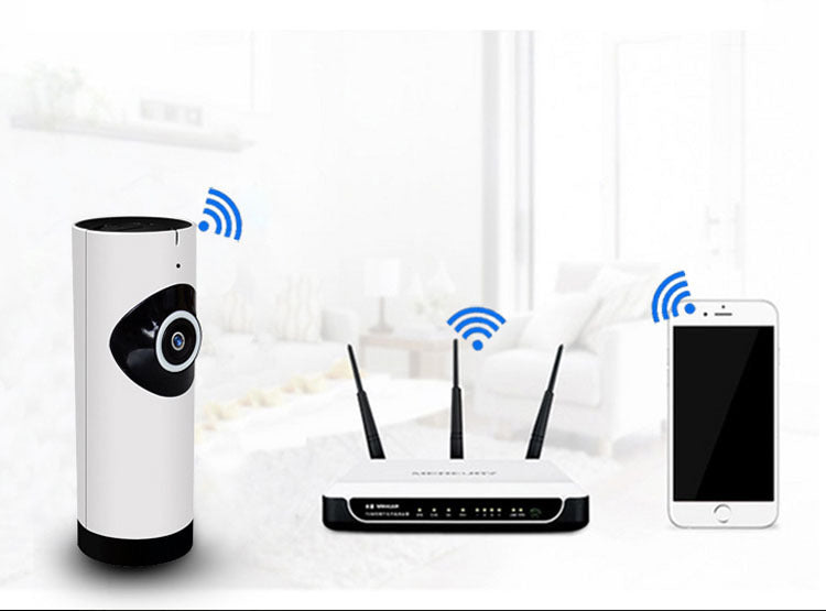 360-degree panoramic security camera with HD resolution, plug and play installation, cloud and SD card storage support, compatible with Android, iPhone, and PC