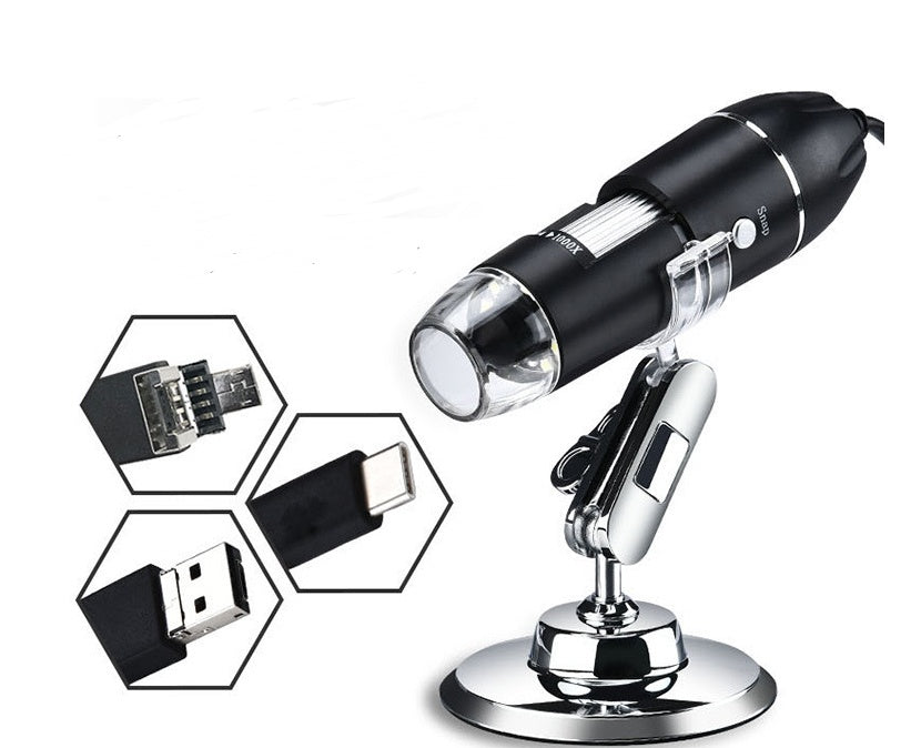 USB digital microscope with 1600X magnification, LED lighting, and stand for home lab, electronics repair, and STEM education