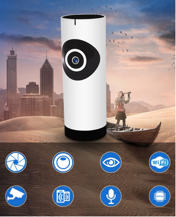 360-degree panoramic security camera with HD resolution, plug and play installation, cloud and SD card storage support, compatible with Android, iPhone, and PC