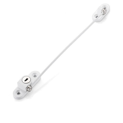 Child safety window and door lock with steel cable and adhesive base for baby-proofing cabinets, windows, and doors
