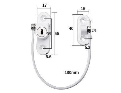 Child safety window and door lock with steel cable and adhesive base for baby-proofing cabinets, windows, and doors