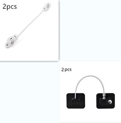 Child safety window and door lock with steel cable and adhesive base for baby-proofing cabinets, windows, and doors