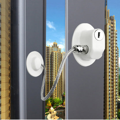 Child safety window and door lock with steel cable and adhesive base for baby-proofing cabinets, windows, and doors